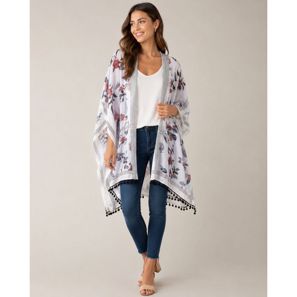 Dokotoo Women Purple Floral Print Kimono Open Cardigan Pom Pom Fringe 1313E3
